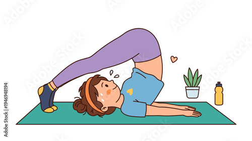 A cute cartoon woman in the Halasana (Plough Pose) practicing Hatha yoga, depicted as a young yogi on a simple light background, rendered in flat vector style