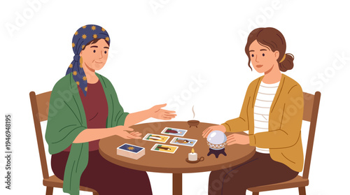 A fortune teller predicts the future using a deck of tarot cards, with a female client seated at an esoteric table for divination and destiny reading, illustrated in flat vector style