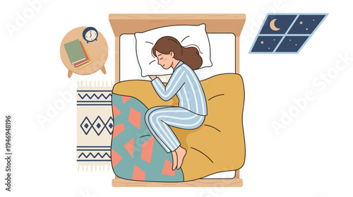A young woman reclines in bed, sleeping curled up, depicted as a cartoon figure enjoying nighttime rest from a top‑down perspective in a bright vector illustration