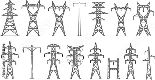 High voltage electric transmission towers collection featuring power pylons, utility poles and electricity grid infrastructure vector illustration set