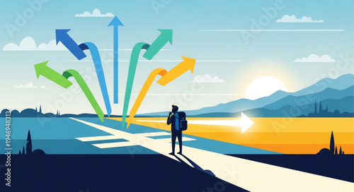 Man on road with arrows.