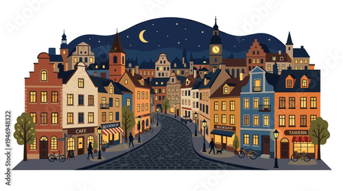 An old town at night, a street panorama with houses and buildings illuminated by window lights, offering a panoramic view of the evening cityscape; a cozy European urban landscape at dusk rendered in