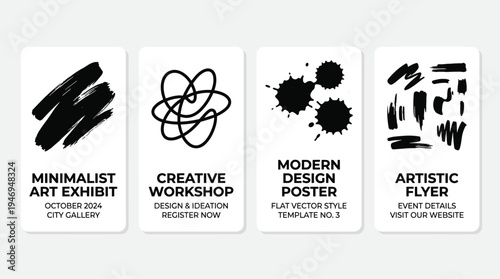 A set of vertical, minimalist templates for posters, flyers, or cards featuring black ink or paint marks, dabs, scribbles, or brush strokes against a white backdrop, presented as contemporary