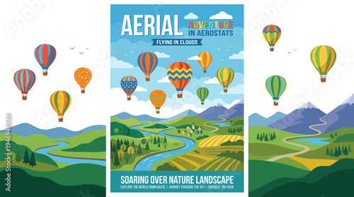 Poster featuring hot air balloons soaring across the sky, an aerial adventure with aerostats, clouds, and a vertical card background showcasing airships traveling over natural landscapes, rendered in