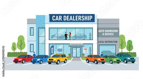 Front view of a vehicle showroom or local car distribution center with cars parked nearby, featuring a modern dealership building with a window, automotive retail, rendered as a colorful flat vector