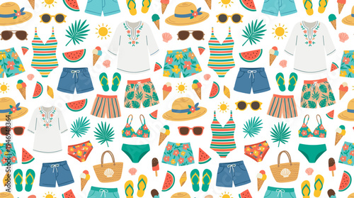 A continuous pattern featuring summer apparel and accessories against a white backdrop—sunglasses, shorts, straw hat, swimsuit, tunic—illustrated in a flat, colorful style suitable for textile prints