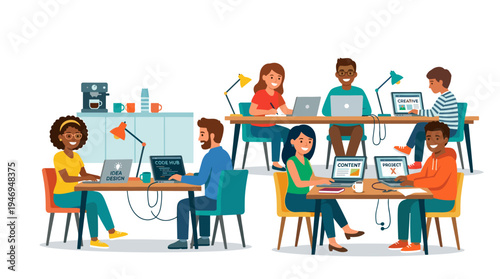 Smiling office workers sit at desks, typing on laptops, while cheerful freelancers collaborate in shared workspaces, all depicted in a bright flat cartoon vector illustration