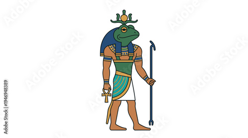 Kek, an ancient Egyptian god depicted with a frog-shaped headdress, presented in a flat vector illustration against a white background, with a profile of his historical and religious significance