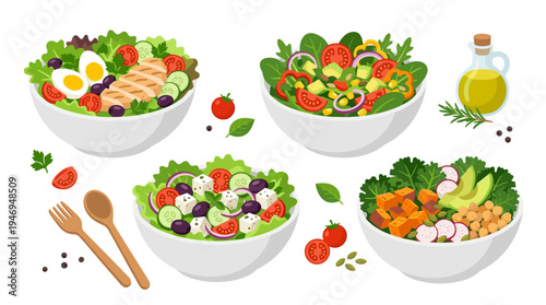 A set of fresh salad bowls featuring healthy, vegetable-rich dishes with lettuce, tomato, olive, chicken, and egg, offering light diet nutrition, illustrated in a flat vector style on a white