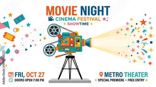 A contemporary poster or flyer design for a movie night, premiere, or cinema festival, featuring a retro film camera or projector perched on a tripod, rendered in vibrant vector art for an event