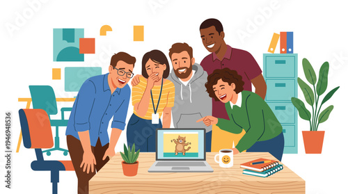 In the office, employees laugh and watch amusing videos while enjoying each other’s company, depicted in a colorful flat vector illustration of cheerful workers set against a white background