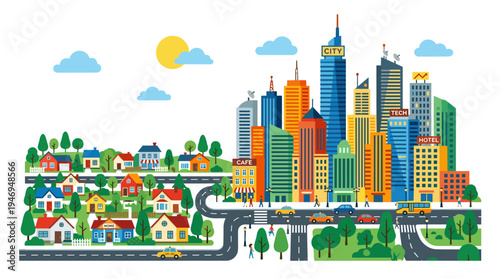 A modern downtown or city center skyline featuring small private homes set against a blue sky, rendered as a vibrant flat cartoon vector illustration of a beautiful cityscape