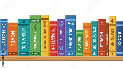 A horizontal row of fiction and educational books forms a border, with a bookshelf banner showcasing novel and dictionary spines for reading, studying, and knowledge, rendered as a flat vector