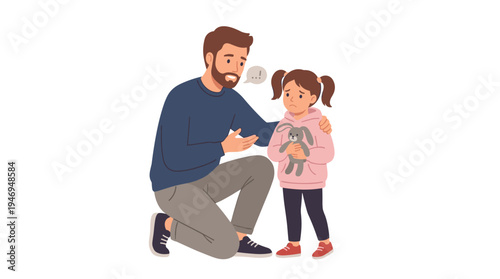 A father consoles and supports his offended daughter, speaking to her while teaching and explaining to the upset child in a flat vector illustration set against a white background