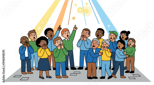 A stunned audience watches in awe, witnessing a miraculous event. The shocked crowd gazes at the phenomenon with amazement, wonder, and a hint of fear at the unknown. This is a fantasy concept