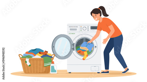 A woman loads clothes from a basket into an open washing machine door while performing household chores, depicted as a flat vector illustration on a white background