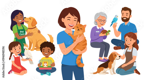 Pet owners, happy people with various animals. I, women, kids, volunteers, and sitters, hold and care for cute cats, dogs, birds, parrots, hamsters, and turtles. Isolated flat vector illustration