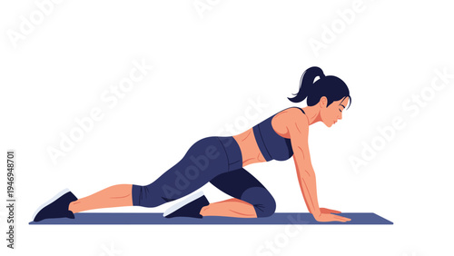 Athletic woman performing a floor exercise or stretch on a yoga mat, side view showing focus and core strength.
