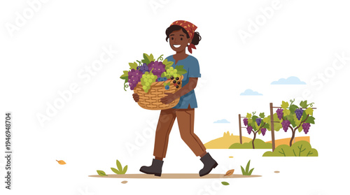 A flat vector illustration shows a dark‑skinned woman carrying a basket of grapes, depicting a summer‑autumn harvest scene for an organic berry buying design element