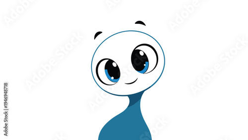 Adorable blue character with large expressive eyes and a gentle smile, simple cartoon illustration for young kids.