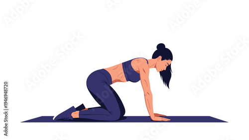 Young woman practicing the cat-cow stretch on a yoga mat to improve spinal flexibility and relieve back tension.