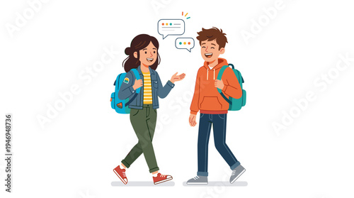 A teenage boy and girl from school stroll side by side, laughing and chatting, depicted in a bright, modern flat vector illustration