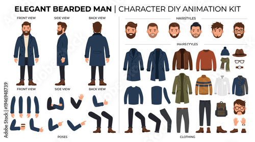 A sophisticated bearded male wearing a coat, available as an animation set or DIY kit, featuring a collection of body parts, poses, hairstyles, and fashionable garments, depicted as a male cartoon