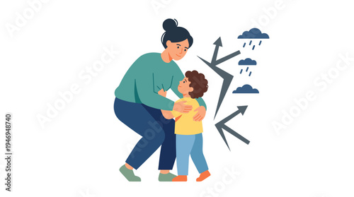 A mother lovingly protects her child from danger, ensuring their safety while the family and parents provide support, depicted in a flat vector illustration on a white background