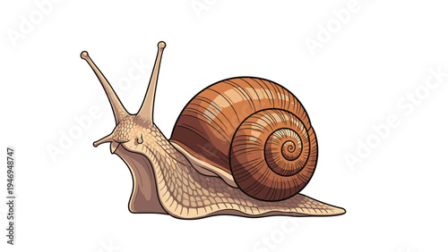Detailed illustration of a snail with a spiral shell moving slowly across a white background, nature study.