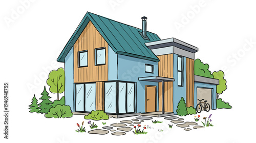 Illustrated cottage drawn by hand, a modern private home, depicted in a vibrant sketch