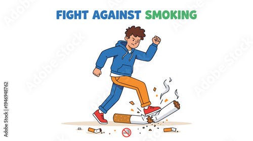 Illustration of anti‑smoking advocacy: a young man stomps on a cigarette in a vibrant flat cartoon vector style