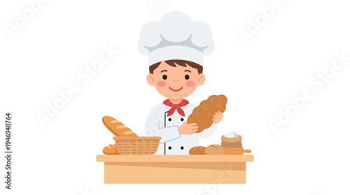Charming little boy wearing a chef's baker uniform, serving wheat bread and baguette while wearing a cooking toque, depicted as a kitchen chief in a flat vector cartoon on a white background