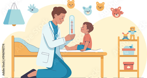 Pediatrician holding a thermometer to check a young child's temperature during a friendly medical check-up in a bright, toy-filled examination room.