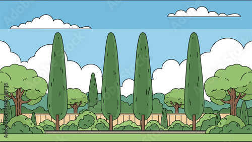 Peaceful garden landscape featuring tall cypress trees and lush greenery under a blue sky with fluffy clouds.