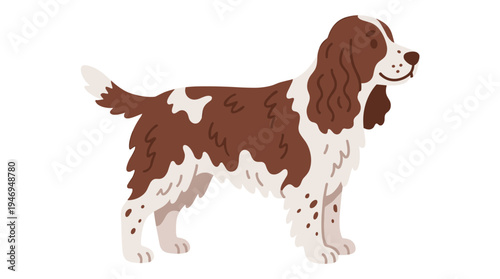 A bright-colored flat vector illustration shows an English Springer Spaniel standing, its small tail raised, alongside a cheerful Welsh dog with a shaggy, wavy coat, both appearing friendly and