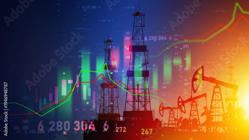 Fotografie A high-tech conceptual illustration featuring silhouettes of oil derricks and pumpjacks overlaid with dynamic financial data, icluding glowing stock market line charts, candlestick graphs