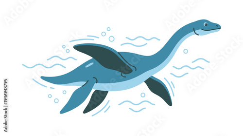 Plesiosaur, an ancient marine animal. An aquatic dinosaur, a swimming marine reptile. An extinct underwater dinosaur with fins and a long neck from the Jurassic period. A flat vector illustration