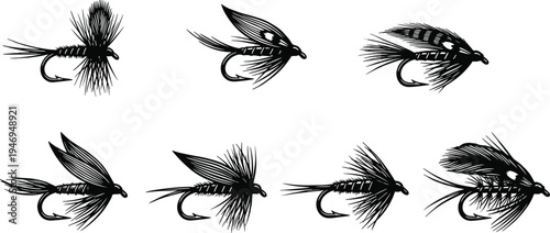Fishing fly lure collection silhouettes with artificial bait hooks for fly fishing isolated on white angling vector illustration