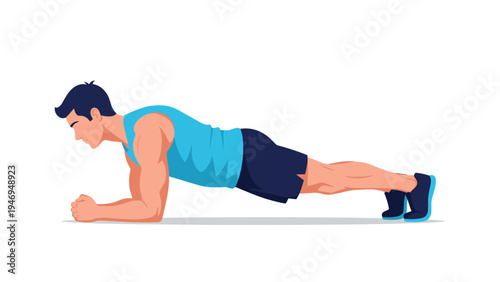 Fit man in athletic wear performing a forearm plank exercise to strengthen his core and improve body posture.
