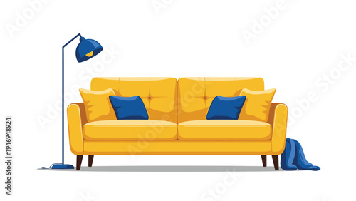 Modern yellow sofa with blue cushions and a stylish floor lamp, perfect for minimalist interior design inspiration.