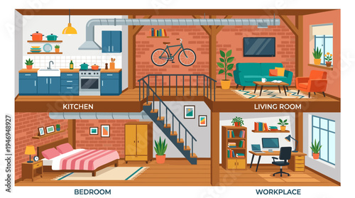 A loft-style kitchen, bedroom, living room, and office depicted in a vibrant flat illustration
