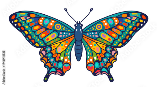A top-down view of a butterfly featuring bright, spotted wings, rendered in a doodle style as a colorful flat vector illustration of a vivid moth set against a white background
