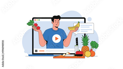 Young man hosting an online cooking class or vlog, presenting various healthy fruits and vegetables to his audience.