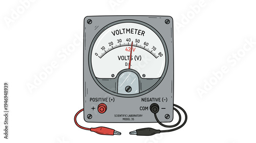 Hand-drawn analog voltmeter on a white backdrop, a device for measuring electrical potential difference, part of physics laboratory equipment for scientific research, rendered as a realistic vector