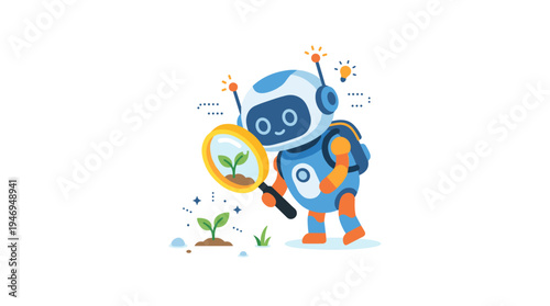 A charming robot examines the world with a magnifying glass, its curious android character searching, studying, and discovering, all depicted in a flat vector illustration on a white background