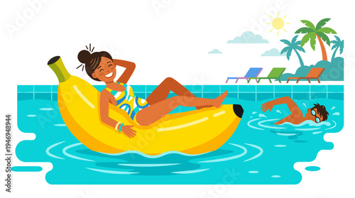 A cheerful woman floats on an inflatable rubber banana mattress in a pool, while a suntanned person swims in the water during summer holidays, illustrating a female enjoying summertime leisure in a