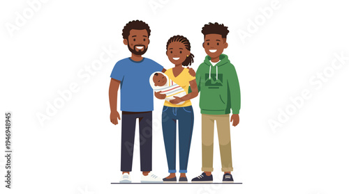 A cheerful African American family, with a father, mother holding a newborn baby, and a teenage son standing together, depicted as cute flat cartoon characters on a white background in a colorful
