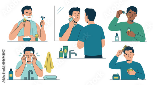 Men’s grooming routine: shaving and applying cosmetics, creams, lotions, and serums to the face in the bathroom, covering male skin and hair care and hygiene, depicted in flat vector illustrations on