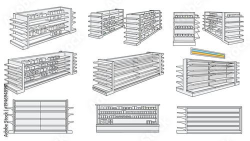 Multiple views of empty retail store shelves and grocery displays, useful for logistics and inventory concepts.