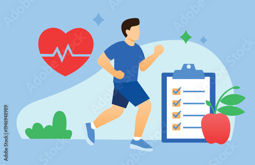 Healthy Lifestyle Jogging Exercise with Heart Rate and Fitness Checklist Flat Illustration